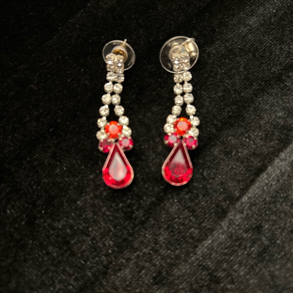 Elegant Vintage Red and Silver with Rhinestone Drop Earrings